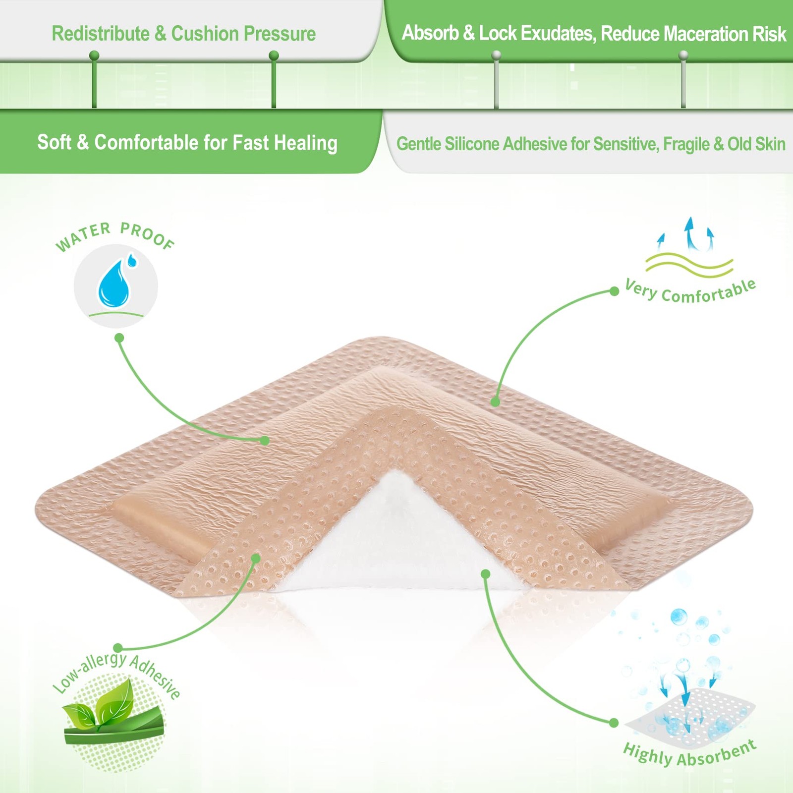 NeuHeils Silicone Adhesive Foam Dressing Bandage 6»x6» (Pack of 5), Tan