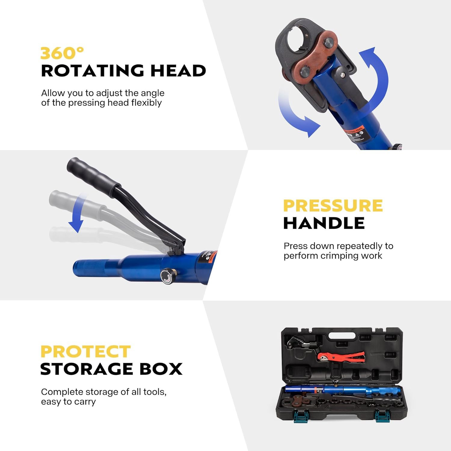 Copper Tube Fittings Hydraulic Pipe Crimping Tool with 1/2″, 3/4″ and 1″ Die Set