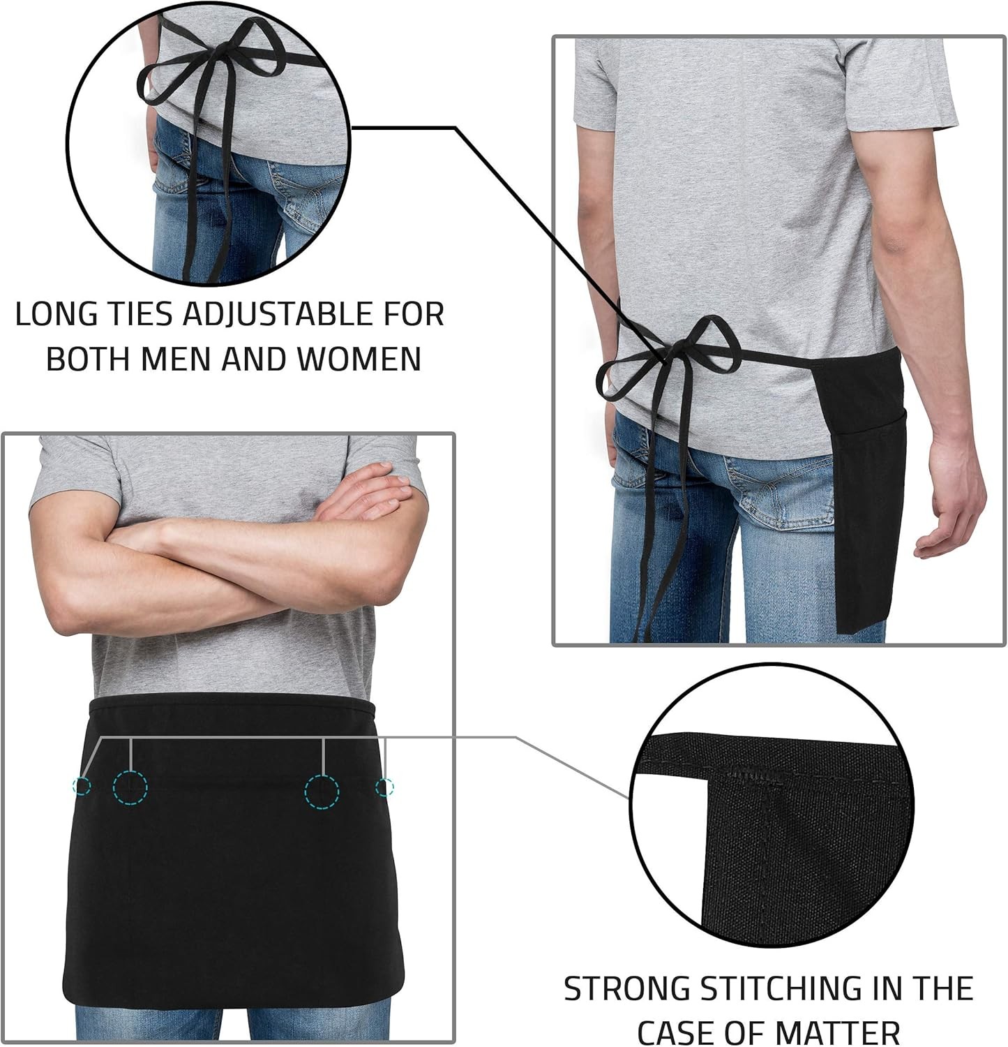 Server Waist Aprons with 3 Pockets Waiter Waitress Short Apron for Men Women
