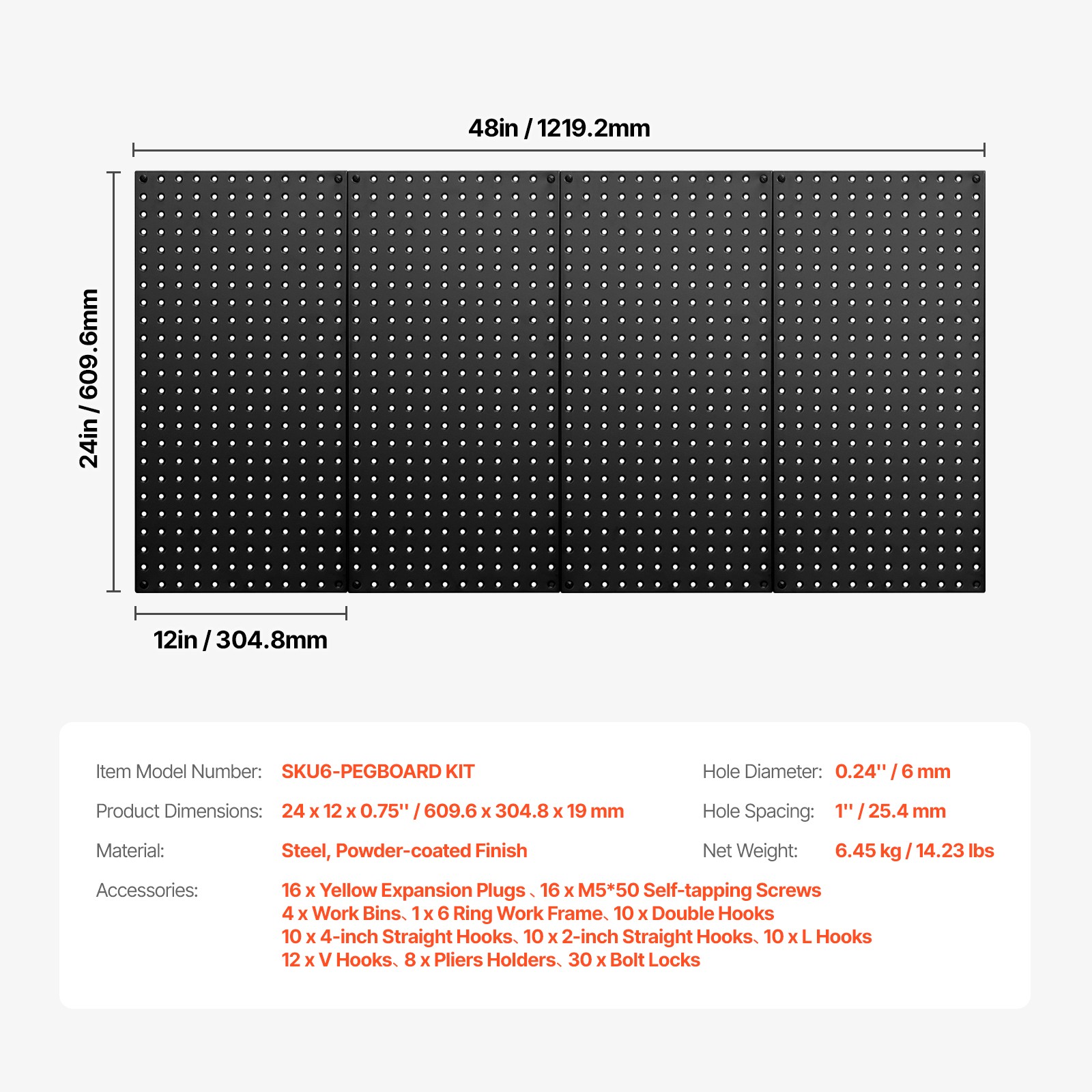 VEVOR Metal Pegboard Panels 4 Pcs 24″ x 12″ Wall Organizer for Garage Tool