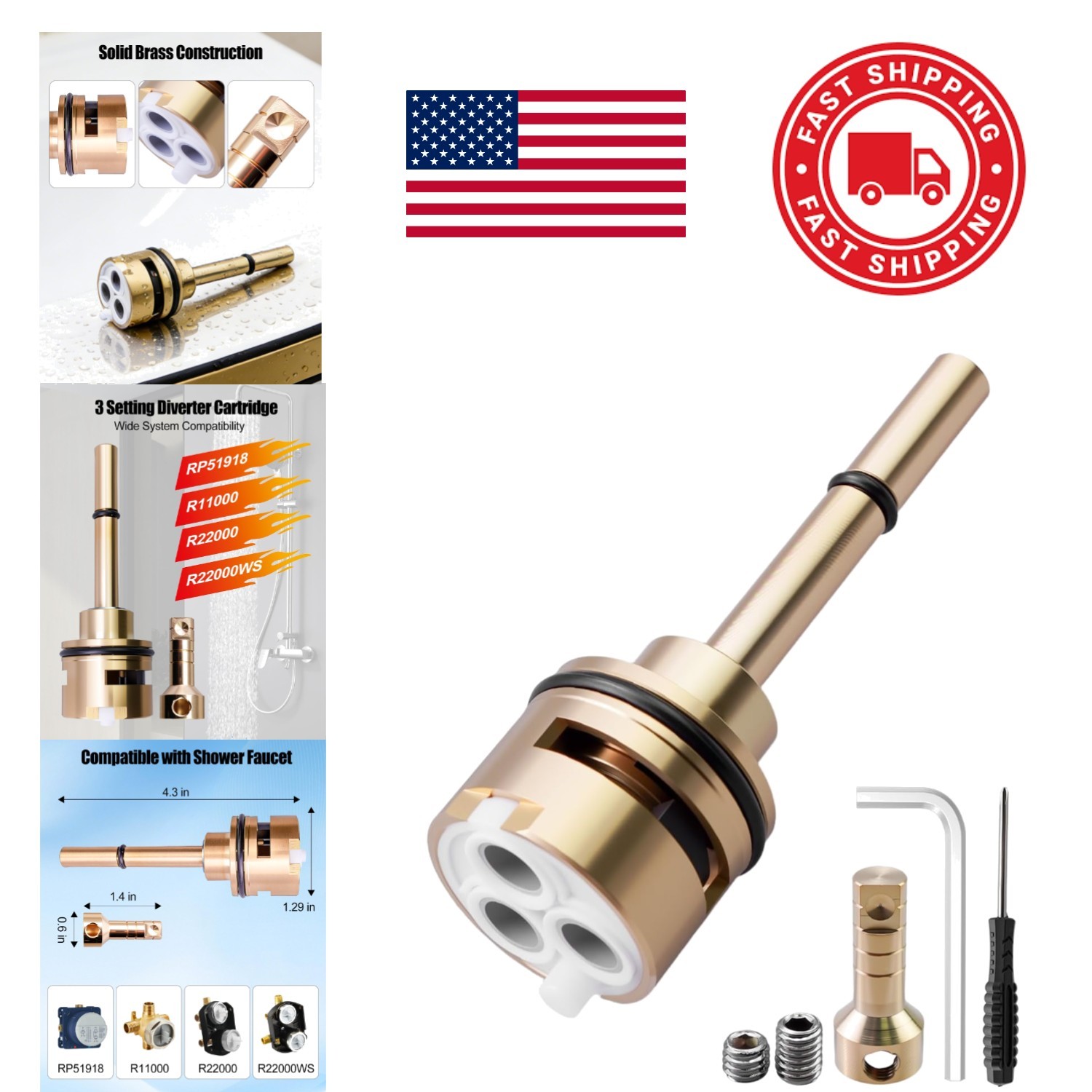 Diverter Cartridge Replacement for R11000 R22000 Brass Three Setting Design
