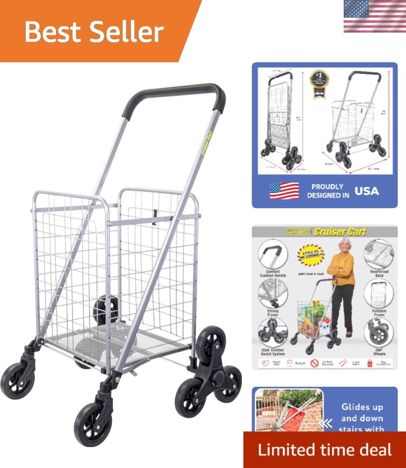 Silver Folding Stair Climber Cart with 6 Wheels: Ideal for Grocery & Laundry Use