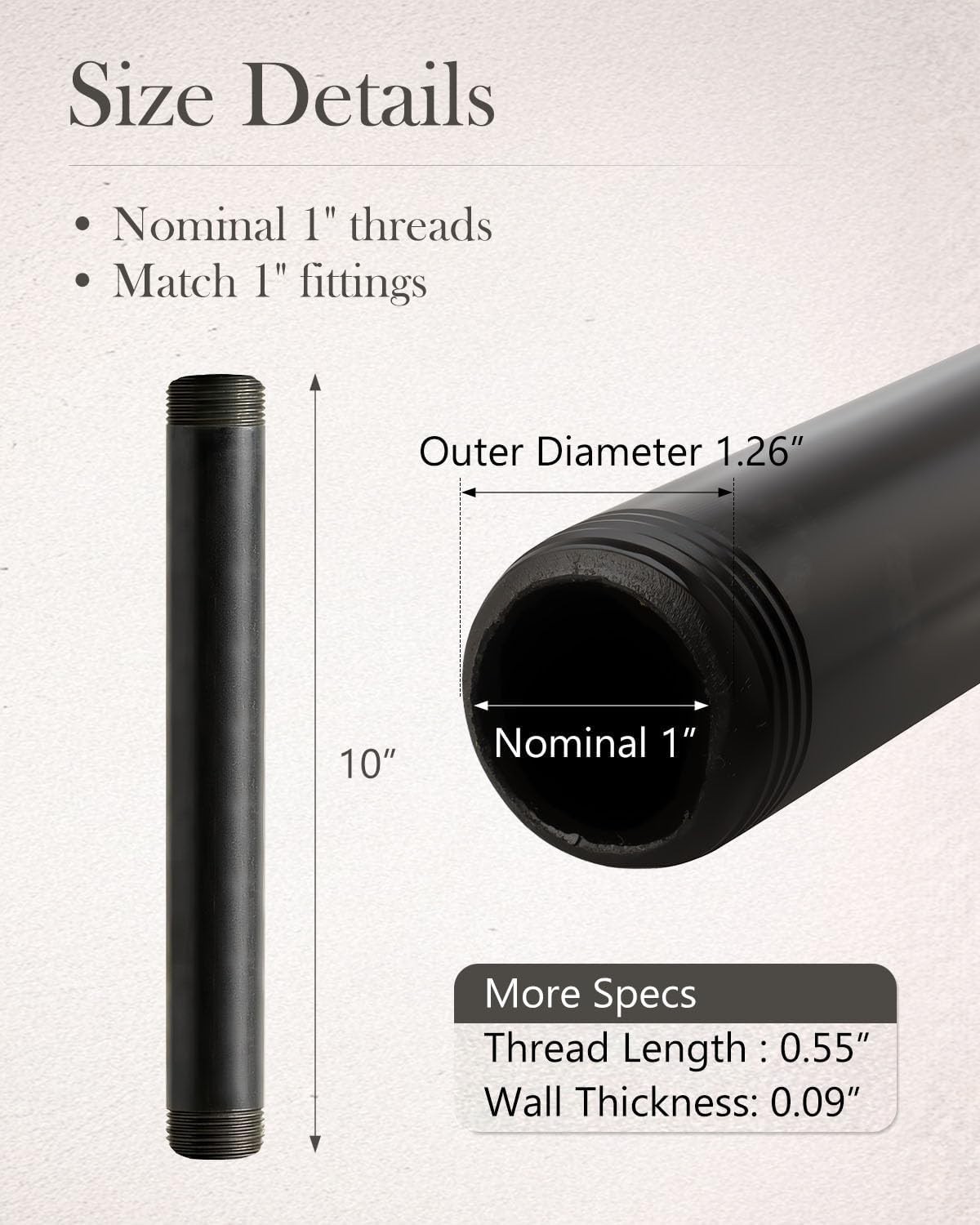 10-Pack 1″ x 10″ Black Malleable Iron Pipe Nipples for Industrial DIY Projects