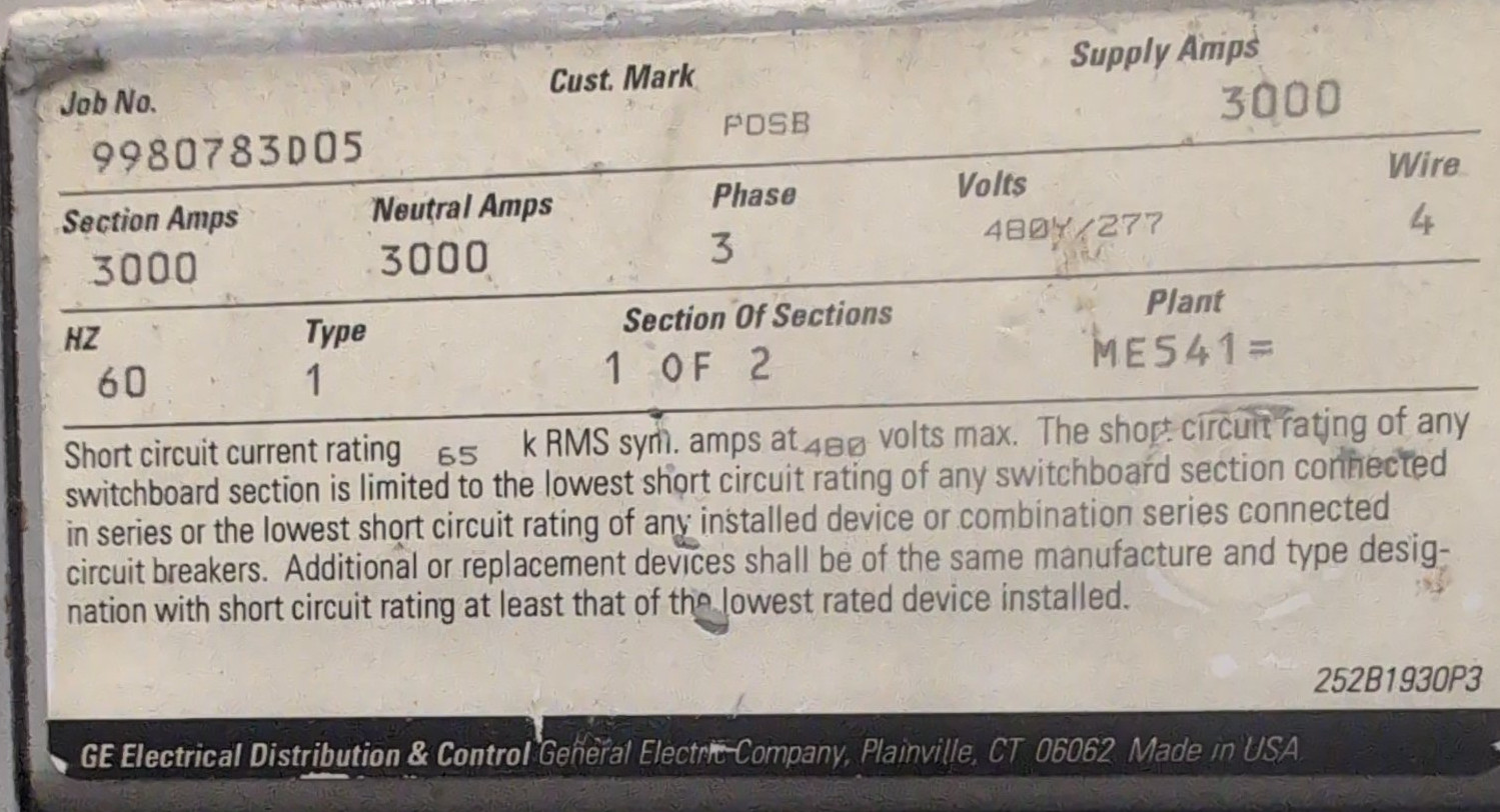 GE SPECTRA SERIES SWITCHBOARD 3000A 480/277V 3PH 4W NEMA 1