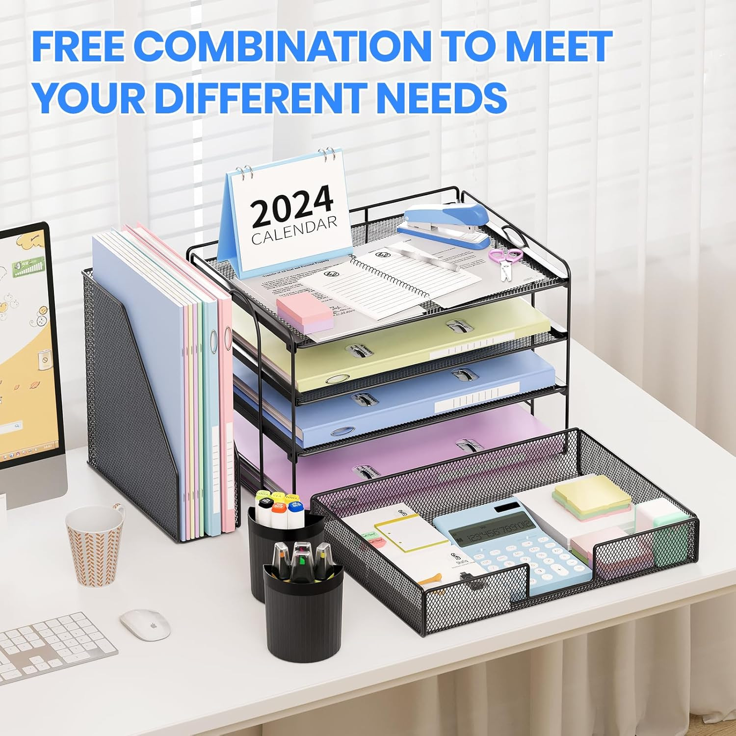 Desk Organizer, 4-Tier Desktop File Organizer with Drawer and Pen Holders, Offic
