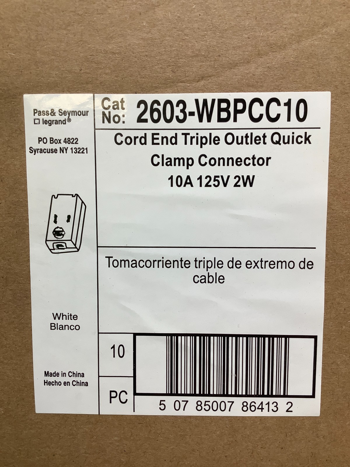 Pass & Seymour 2603WBPCC10 Cord End Triple Outlet, 125V, 10-Amp, White, 10pk