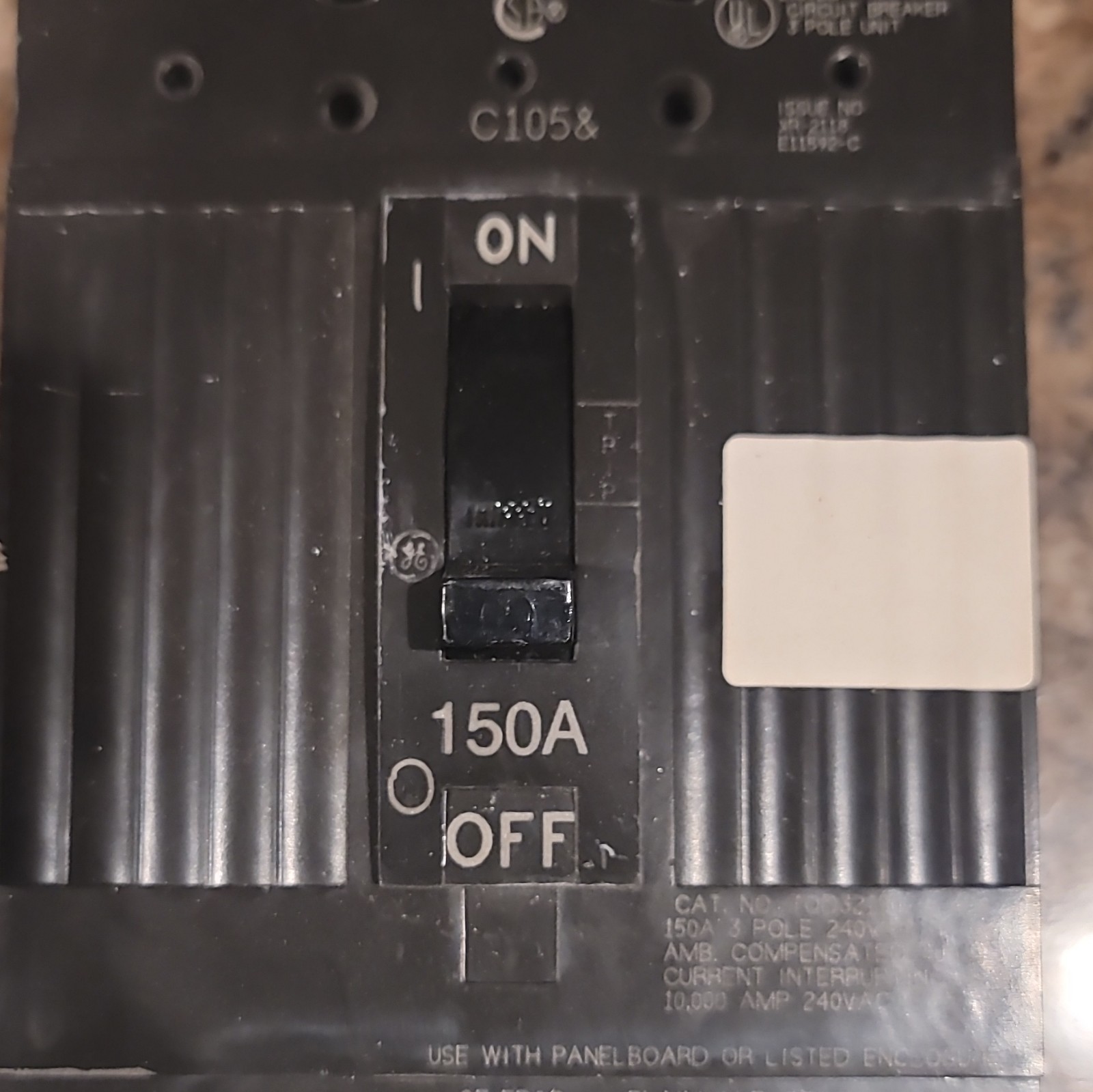 GE C1058 Main Breaker TQD32150 150A 3-Pole 240V AC Box Lugs Trip Indicator