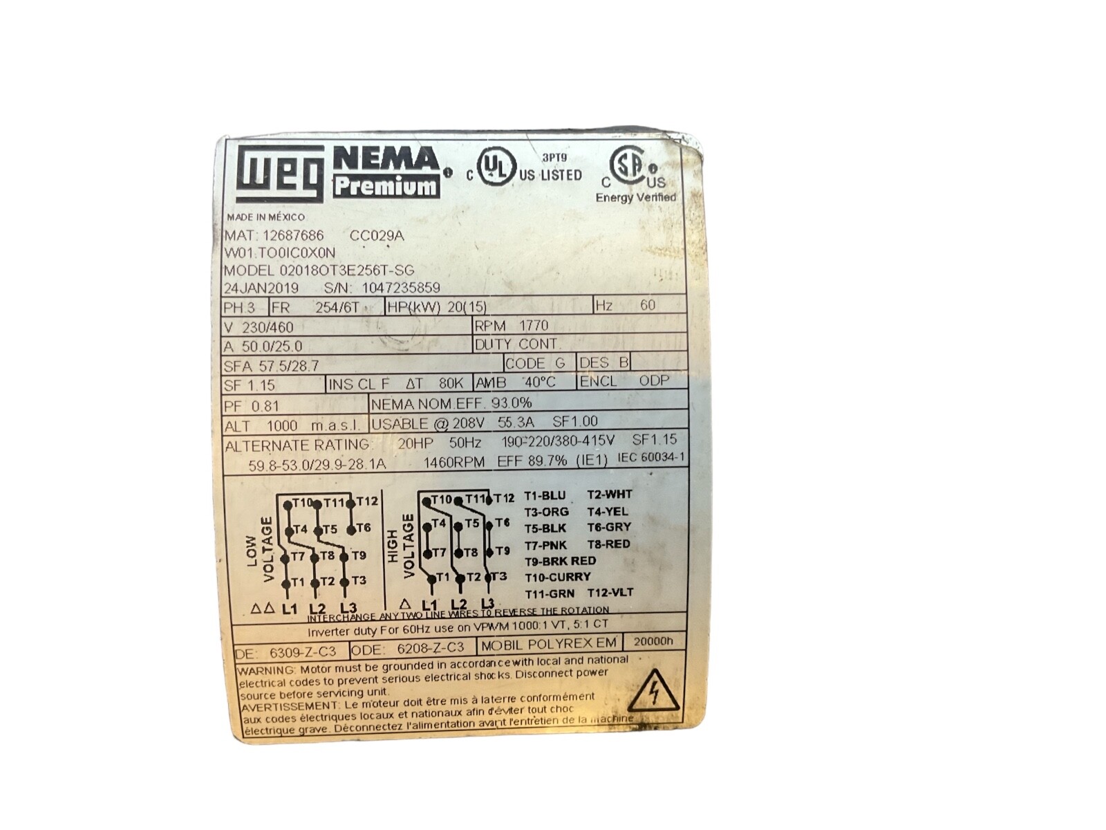 WEG 020180T3E256T-SG 3-Phase General Purpose Motor, 20HP, 254/6T Frame, 230/460V