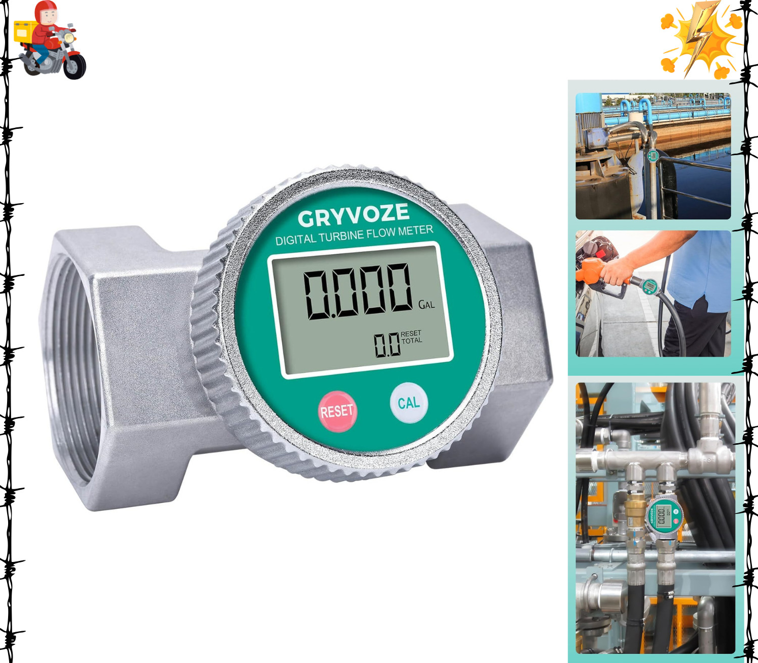 GRYVOZE Waterproof 2 Inch Water Flow Meter, 16–160 GPM Digital Turbine Flowme…
