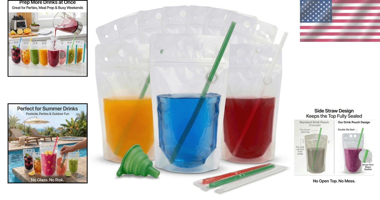 200 Drink Pouches with Straws – Reclosable for Parties