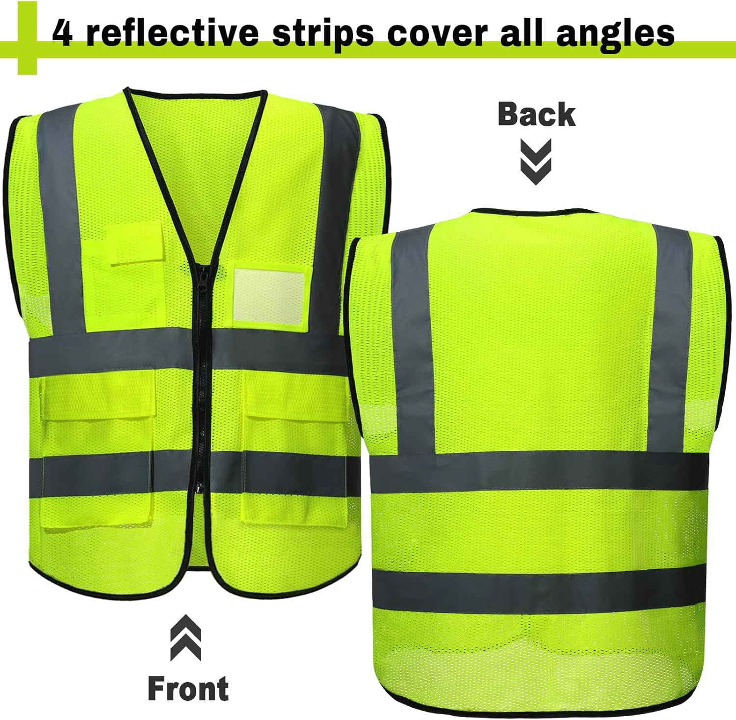 Jenpen 10 Pieces Reflective Safety Vests with Pockets and Zipper, High Visibilit