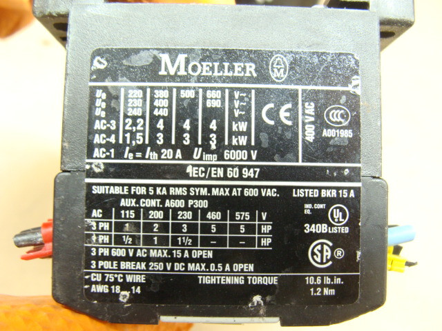 LOT OF 3 MOELLER DIL EM-01-G CONTACTORS 3PH 600VAC MAX 15A OPEN