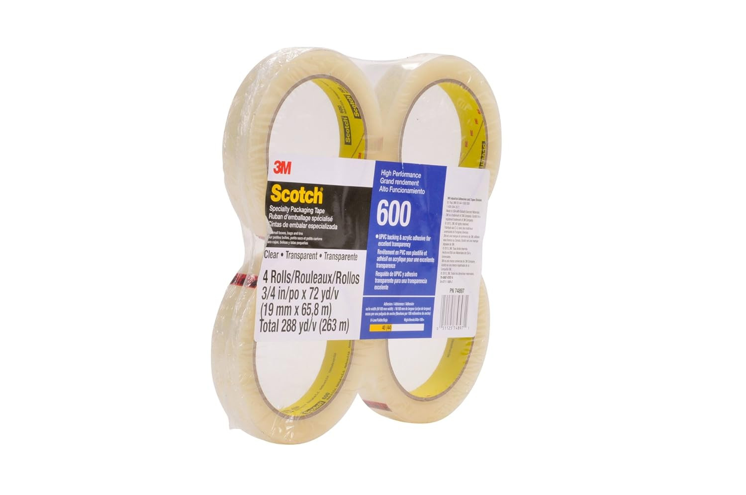 Scotch Light Duty Packaging Tape 600 Clear High Clarity, 3/4 in X 72 Yd