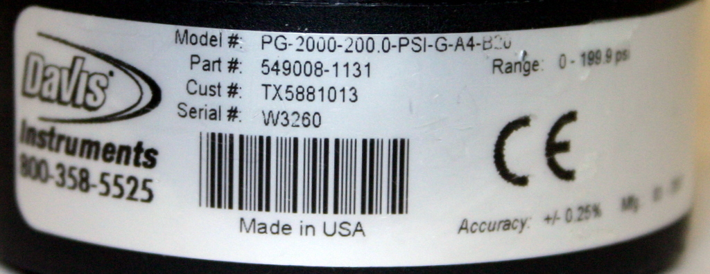 DAVIS INSTRUMENTS DIGITAL PRESSURE GAUGE, MODEL PG2000-200.0-PSI