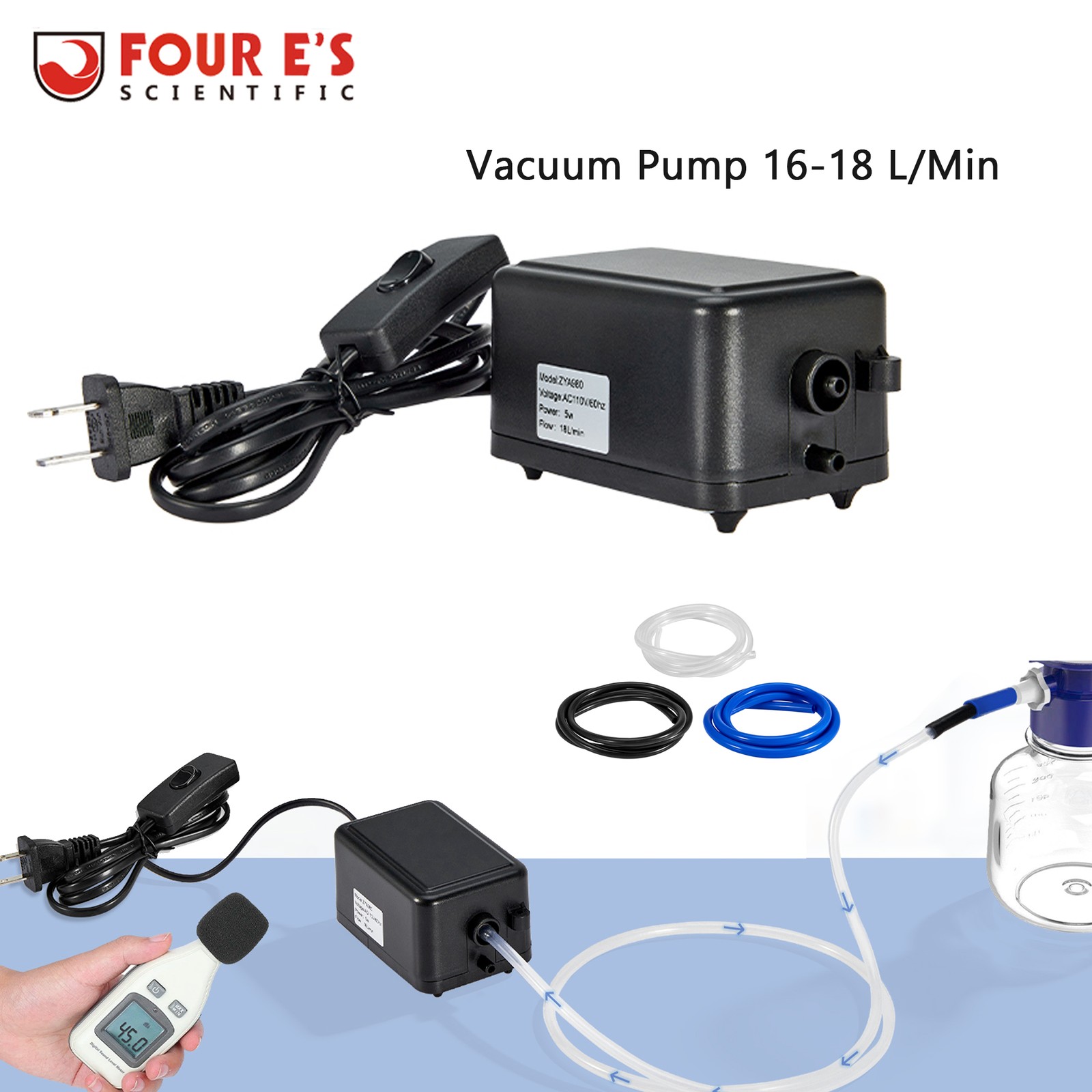 Vacuum Pump 16-18 L/Min with Switch, Oilless Lab Pump w/ 3 Hose Sizes 110V 60Hz
