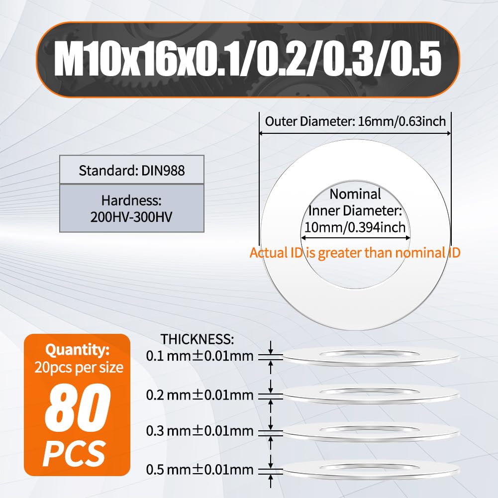 Shim Washer 10 X 16 Precision Spacers Kit 80 Pcs 20 Units X 0.1/0.2/0.3/0.5Mm Th