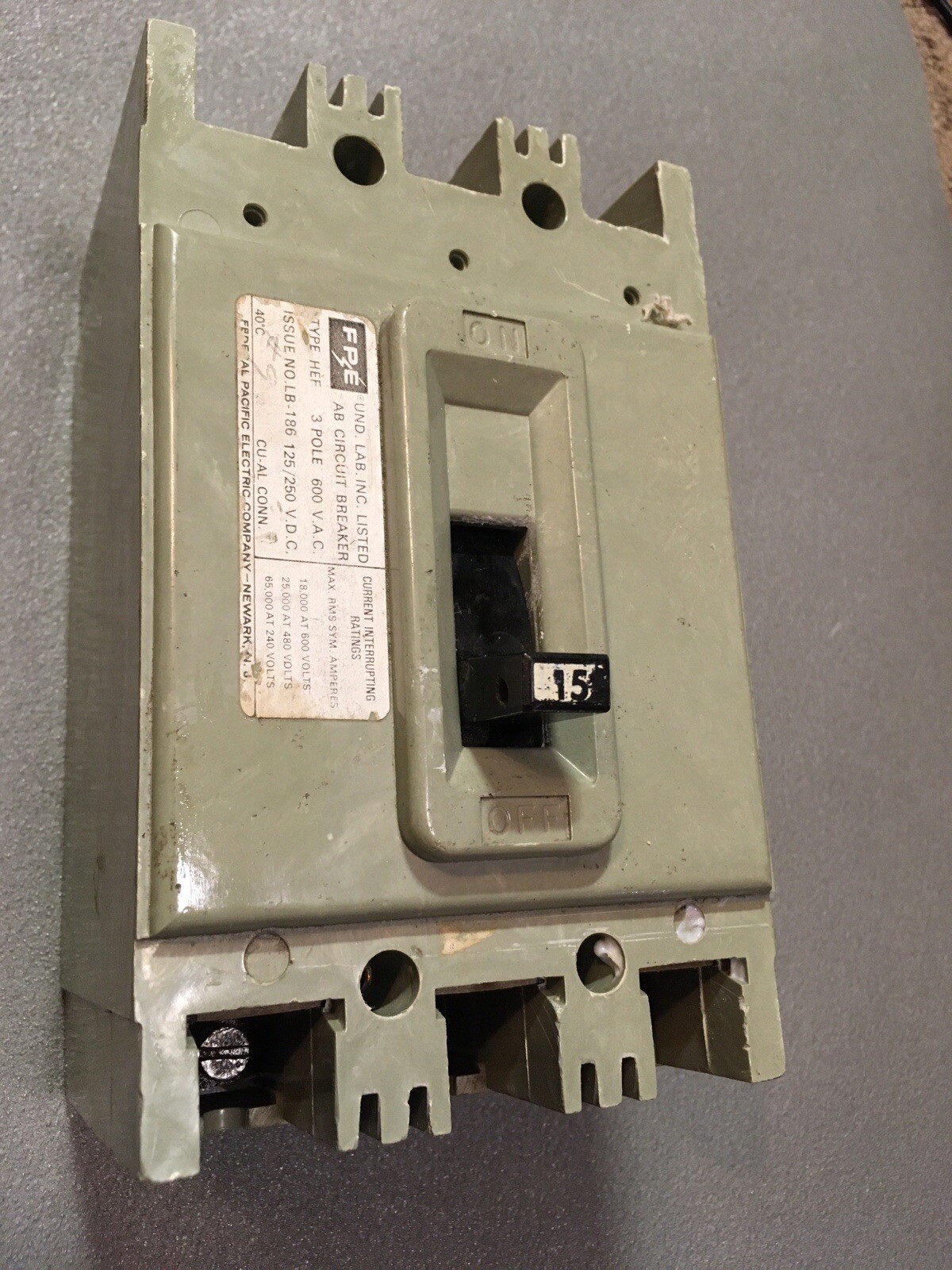 FEDERAL PACIFIC Electric HEF631015 15A 600V 3P CIRCUIT BREAKER WARRANTY FPE HEF