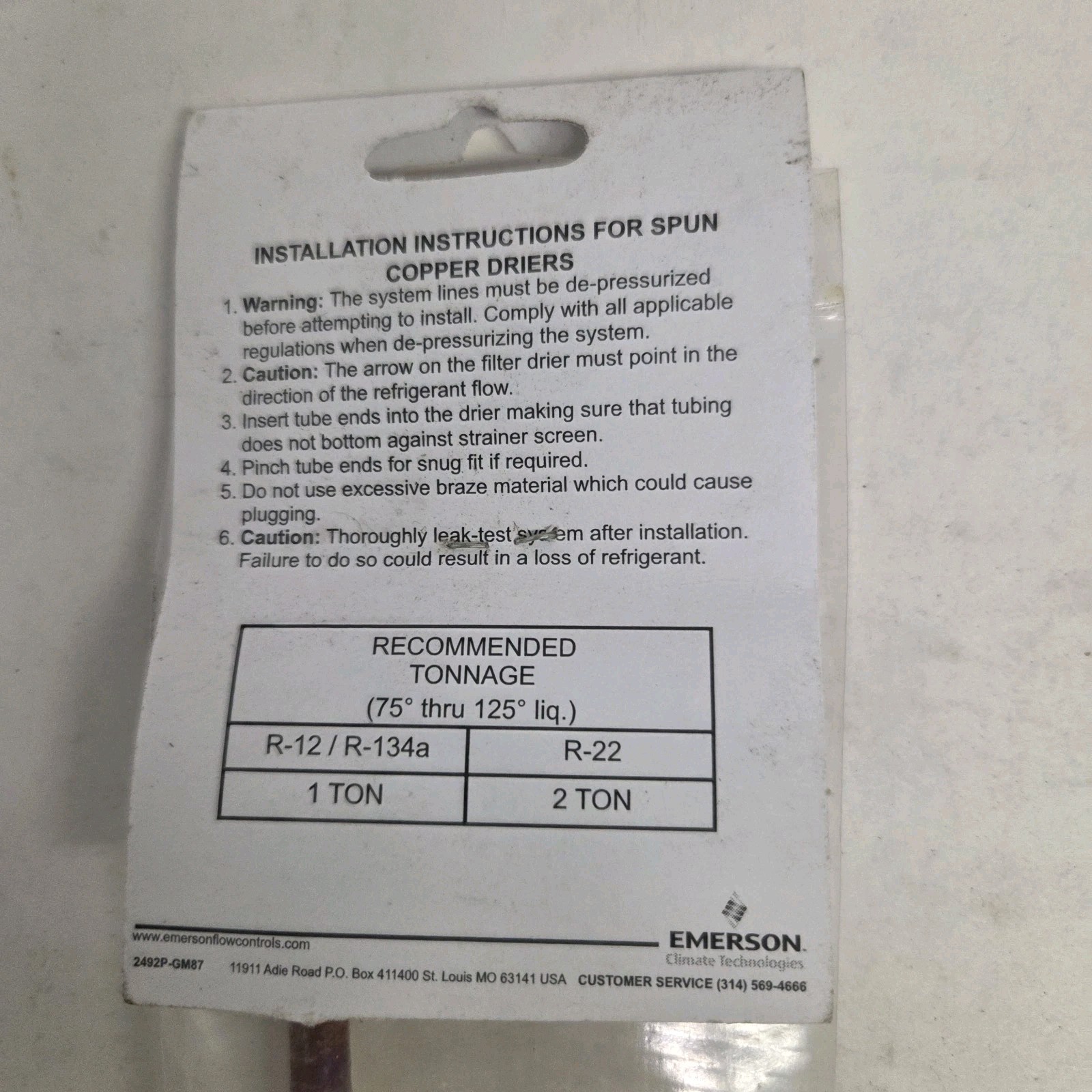 Emerson CU-620 Spun Copper Service Driers PCN: 064027, New