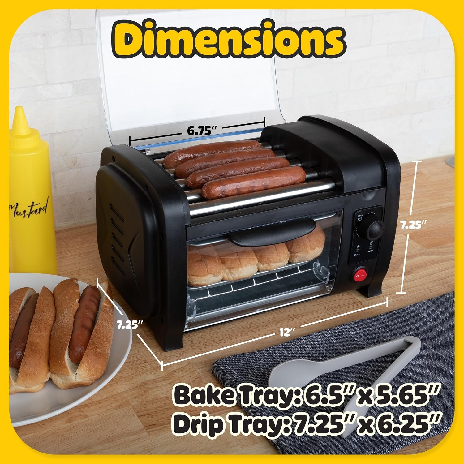 Premium hot dog roller with bun warmer, compact countertop design
