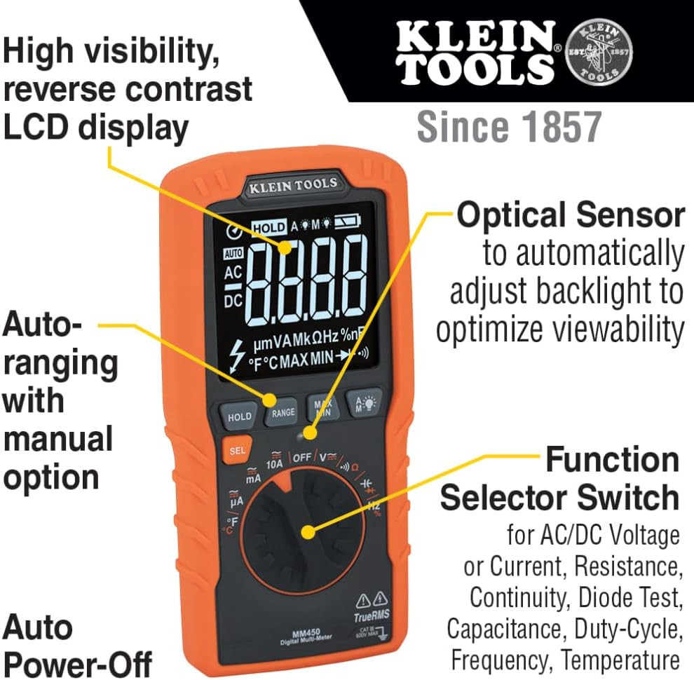 MM450 Slim Digital Multimeter, Reverse Contrast Display with Lead Alert, Auto-Ra