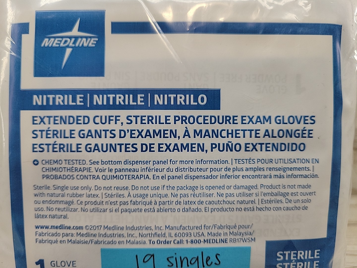 MEDLINE Nitrile Exam Gloves Extended Cuff *19 Singles* Sterile Size: LARGE