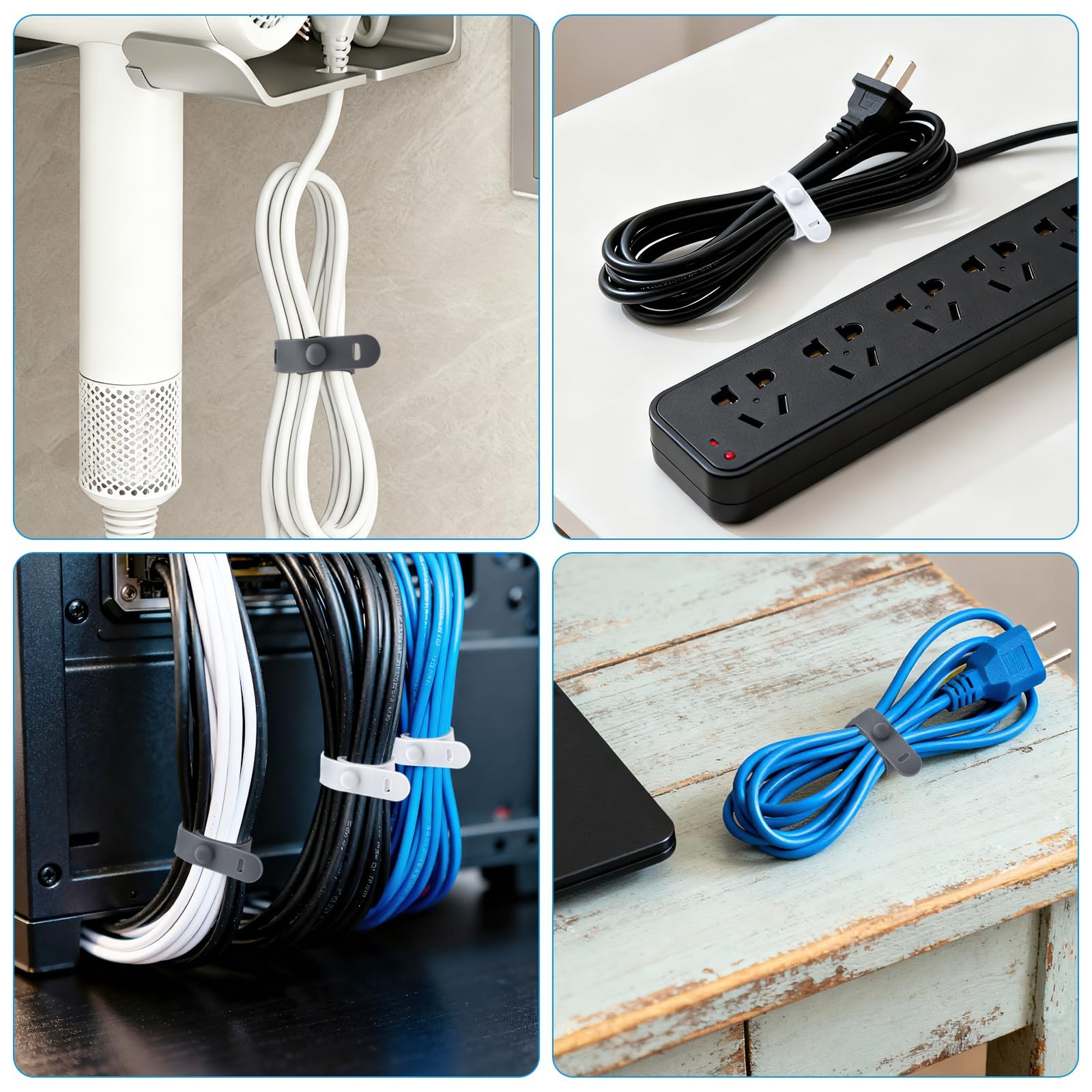 24 Pcs Silicone Cable Ties, Cord Organizer 0.5*5in, White/Gray/Green/Blue