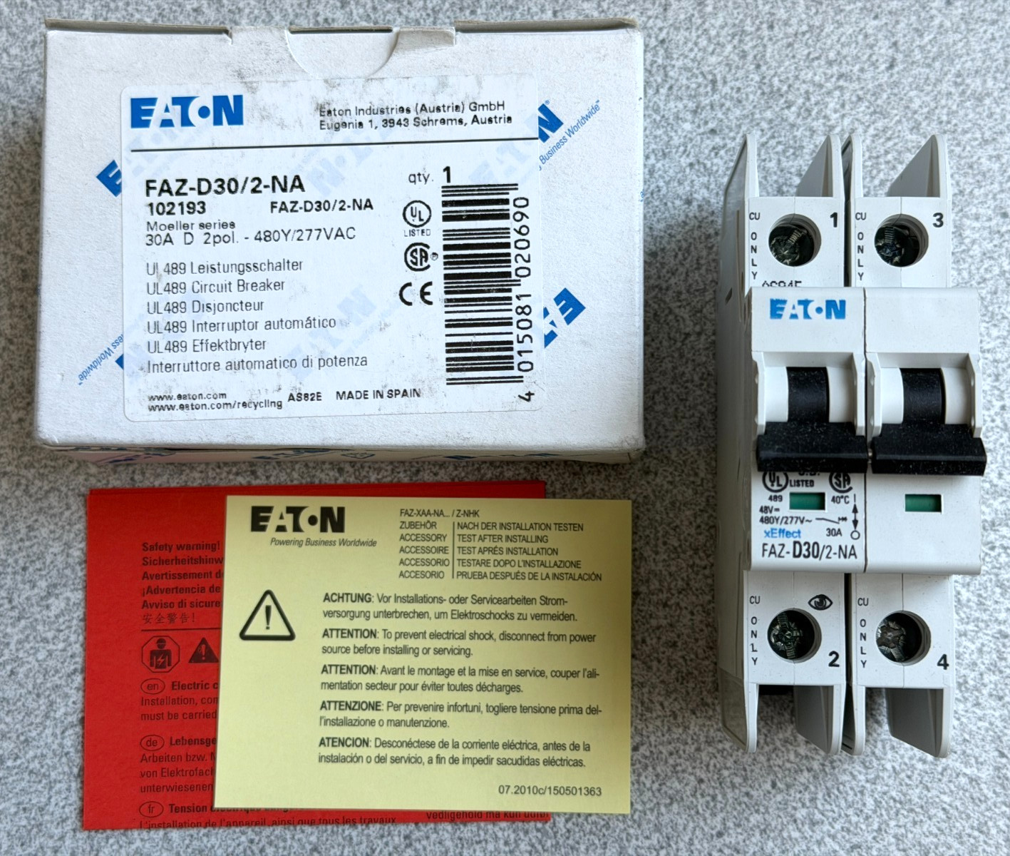 NEW Eaton FAZ-D30/2-NA Circuit Breaker, 30A, 480Y/277VAC, D Curve, 102193