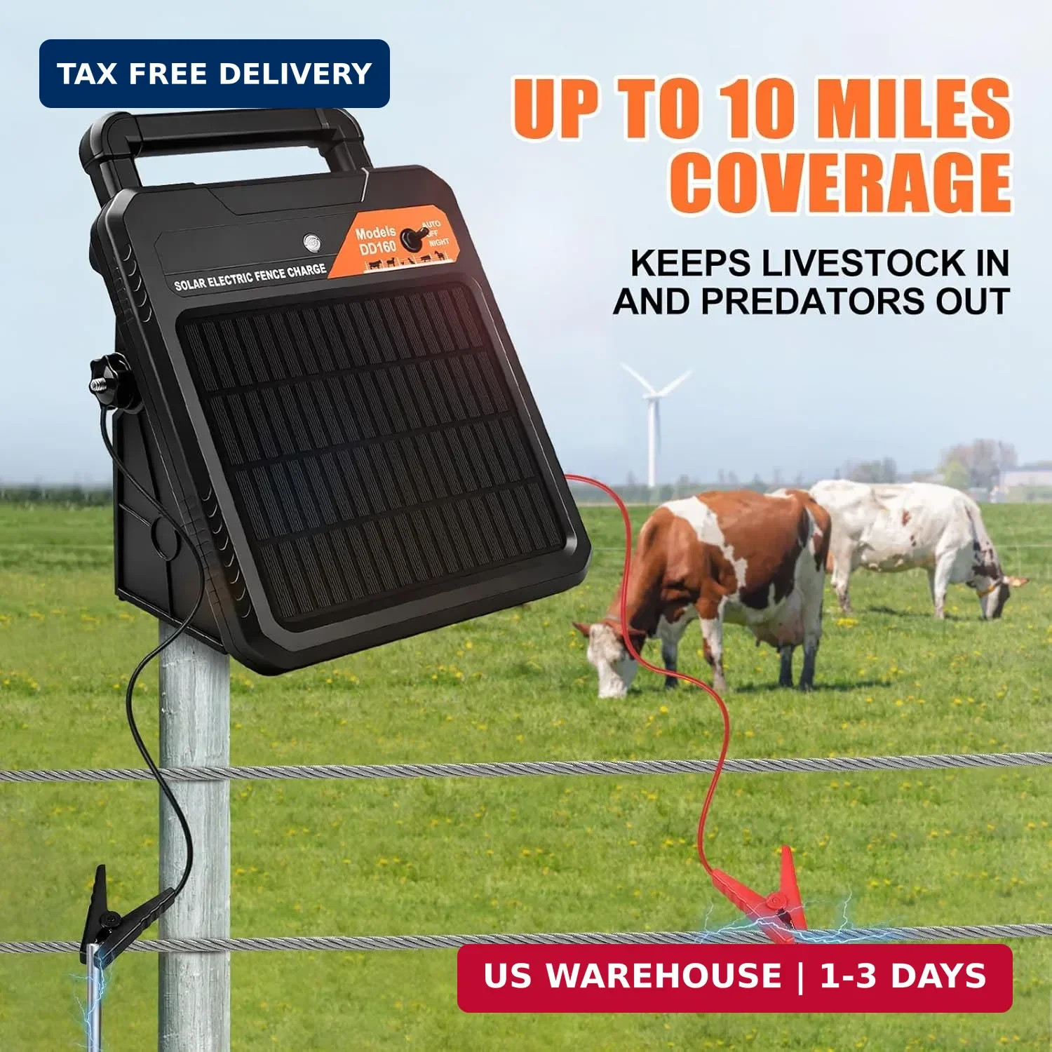 10 Miles Solar Electric Fence Charger 0.16J Portable Fence Energizer, Solar Fenc