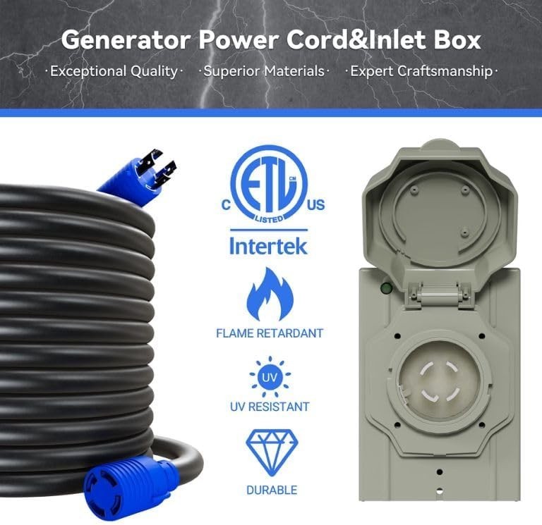 50AMP 10ft Generator Cord with Pre-drilled Power Inlet Box for Safeguarded Power