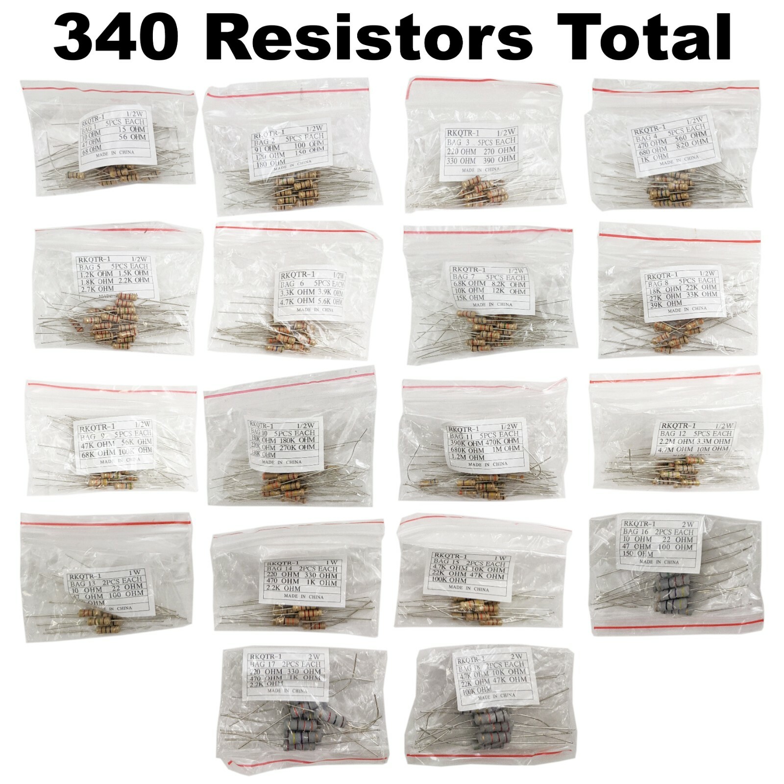 340 Piece Resistor Kit – Includes Assortment of ½ Watt, 1W, and 2W Resistors