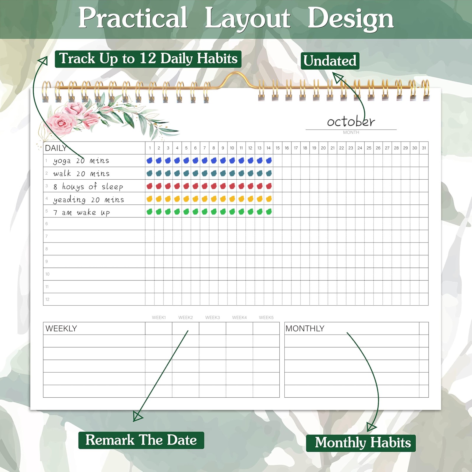 Habit Tracker Calendar- Daily, Weekly & 10 inches wide by 8 long, Red