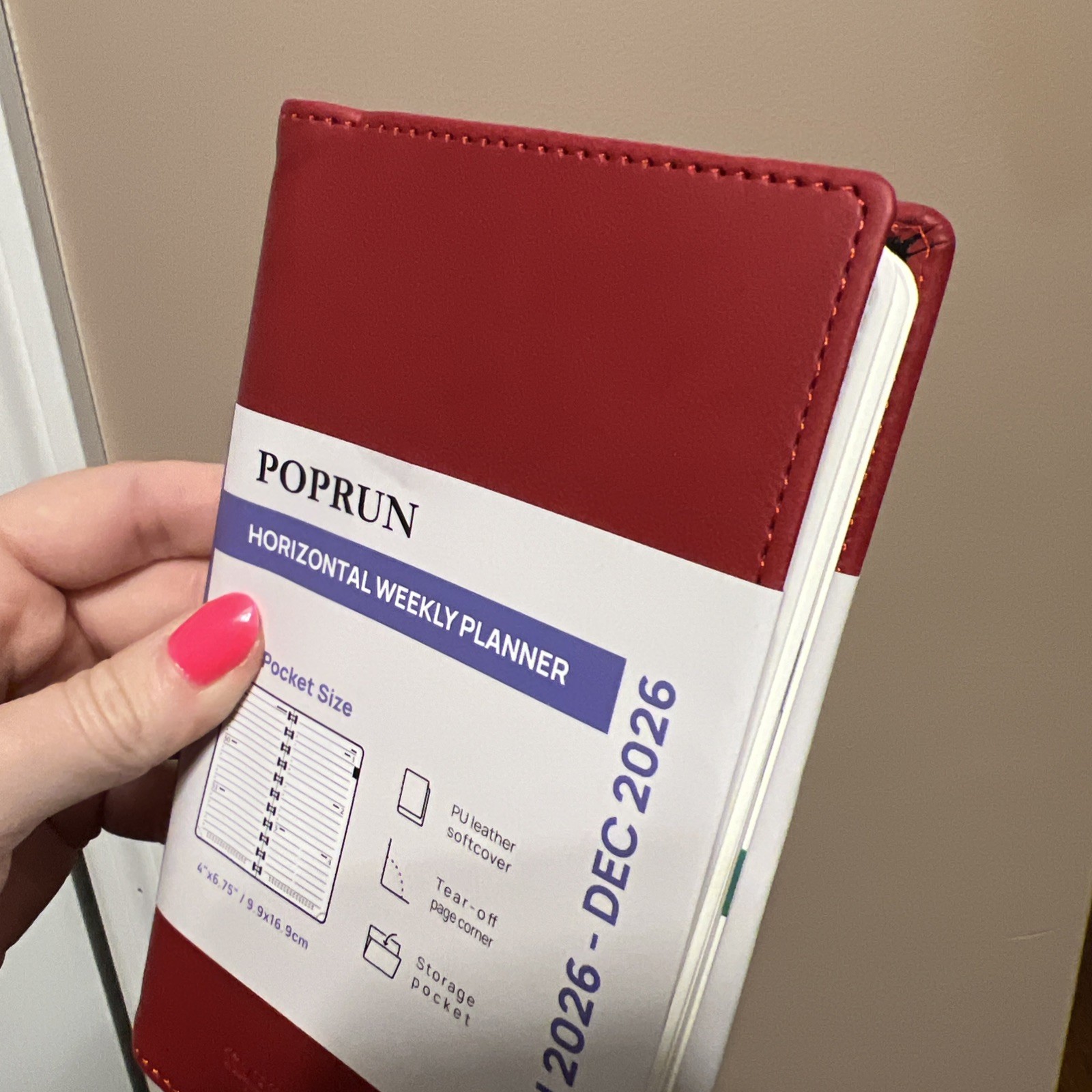 Poprun Horizontal Weekly Planner Red 2026 Year 4.25×6” Small Pocket Planner New