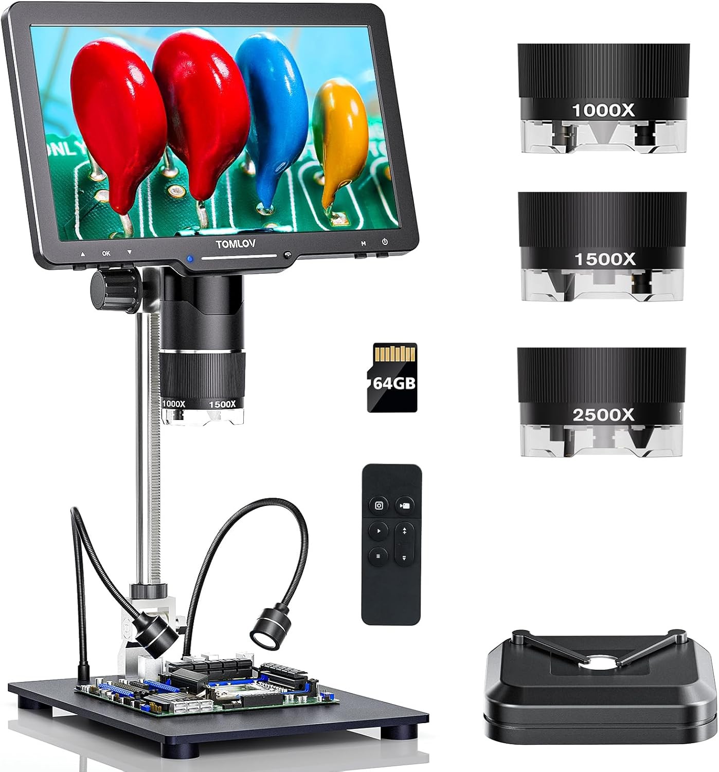 TOMLOV 2K HDMI Digital Microscope 3-Lens 10.1″ 2500X Coin Microscope 14 LED 64GB