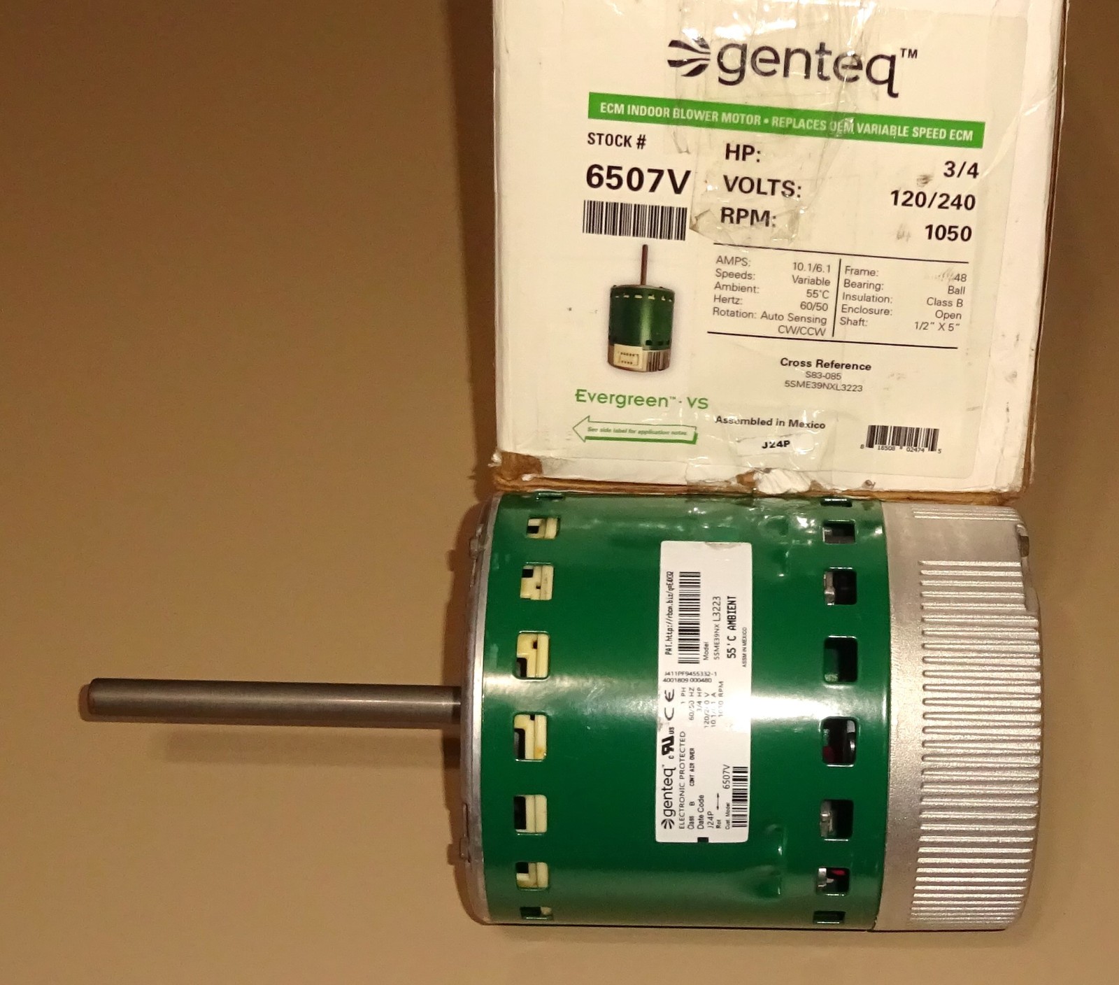Genteq 5SME39NXL3223 Blower Motor 3/4 HP 1050 RPM 120/240 VAC Evergreen NEW