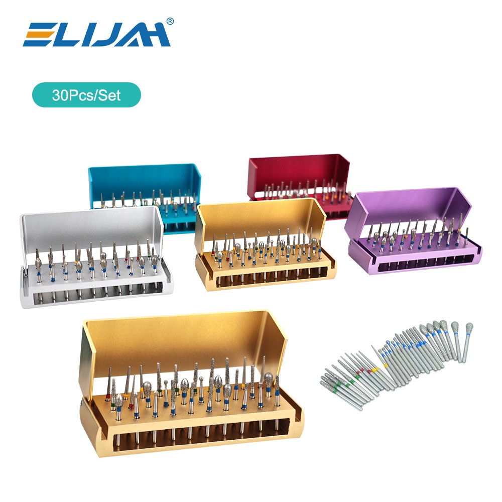 30PcS Dental Diamond Burs Drill+Disinfection Bur Block HighSpeed Handpiece IN US