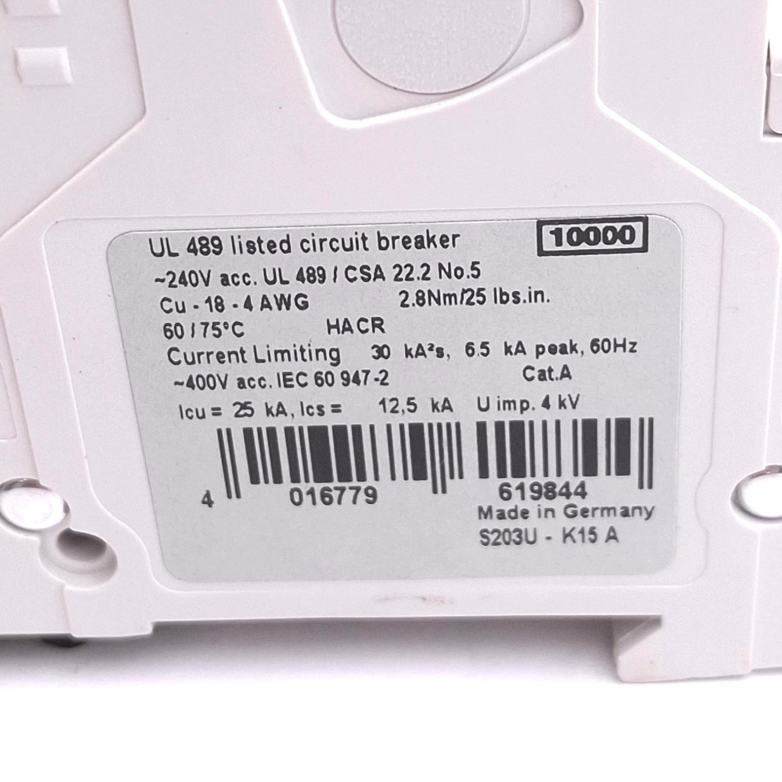 ABB S203U-K15A Circuit Breaker, 3-Pole 15A, 240VAC Max, DIN Rail Mount