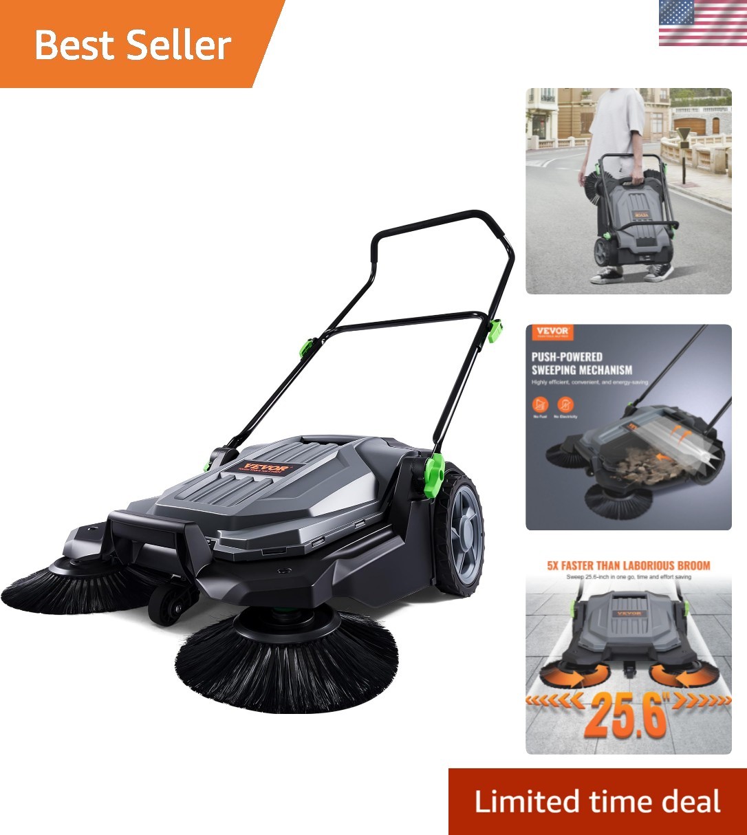 Walk-Behind Hand Push Floor Sweeper, 25.6″ Sweeping Width Floor Sweeper Manua…