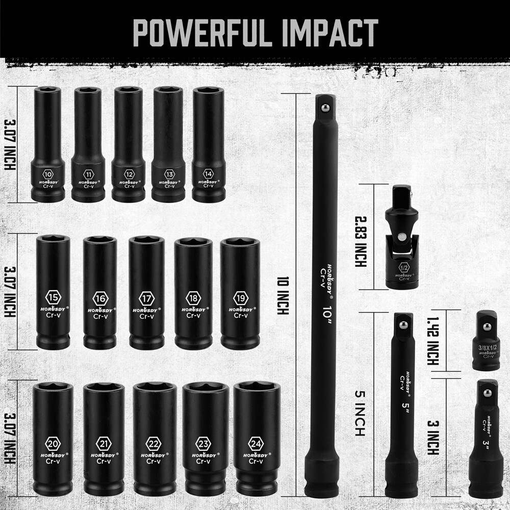 20PC 1/2″ Dr Drive Deep Air Impact Sockets Set Metric 6-Point w/CASE 10mm – 24mm