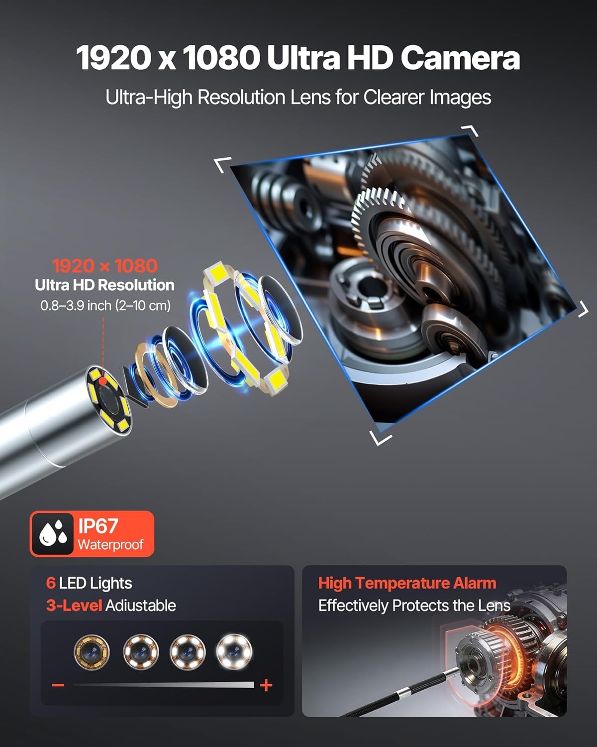4.9FT 4-Way Articulating Endoscope with Light, 1080P HD Borescope Camera