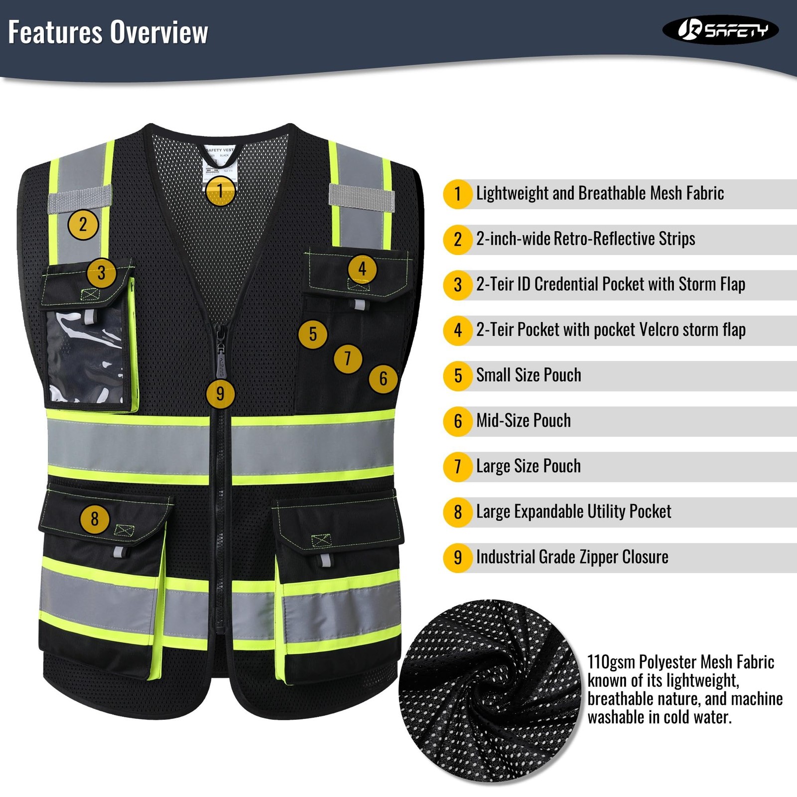 JKSafety Hi Vis Reflective Safety Vests for Men Women High Visibility Vest XL