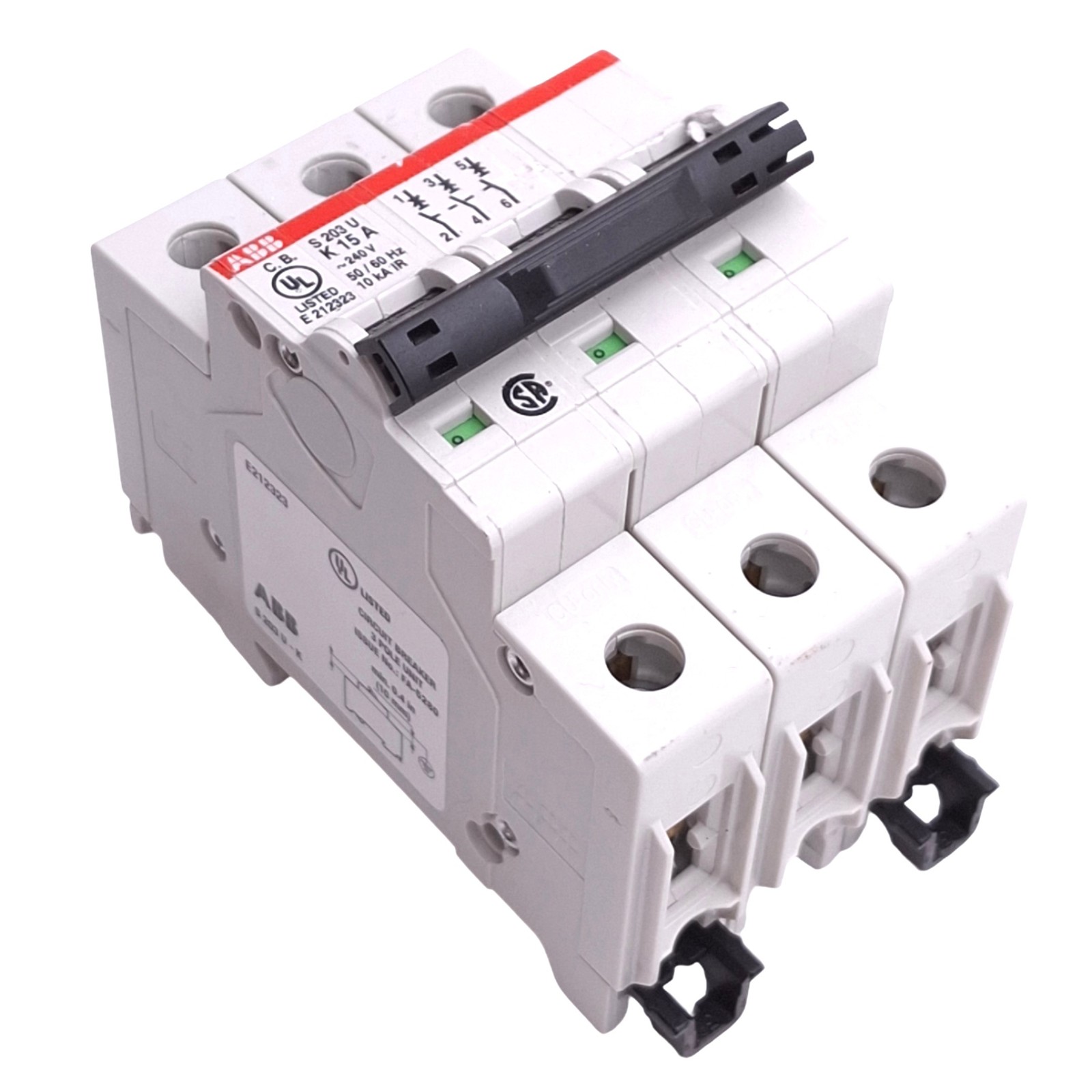 ABB S203U-K15A Circuit Breaker, 3-Pole 15A, 240VAC Max, DIN Rail Mount