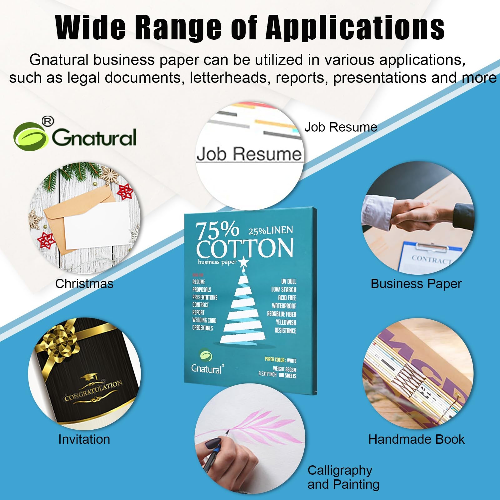 75% Cotton 25% Linen Business Paper, 85gsm 8.5”×11” Inkjet Printer Paper, Wat…