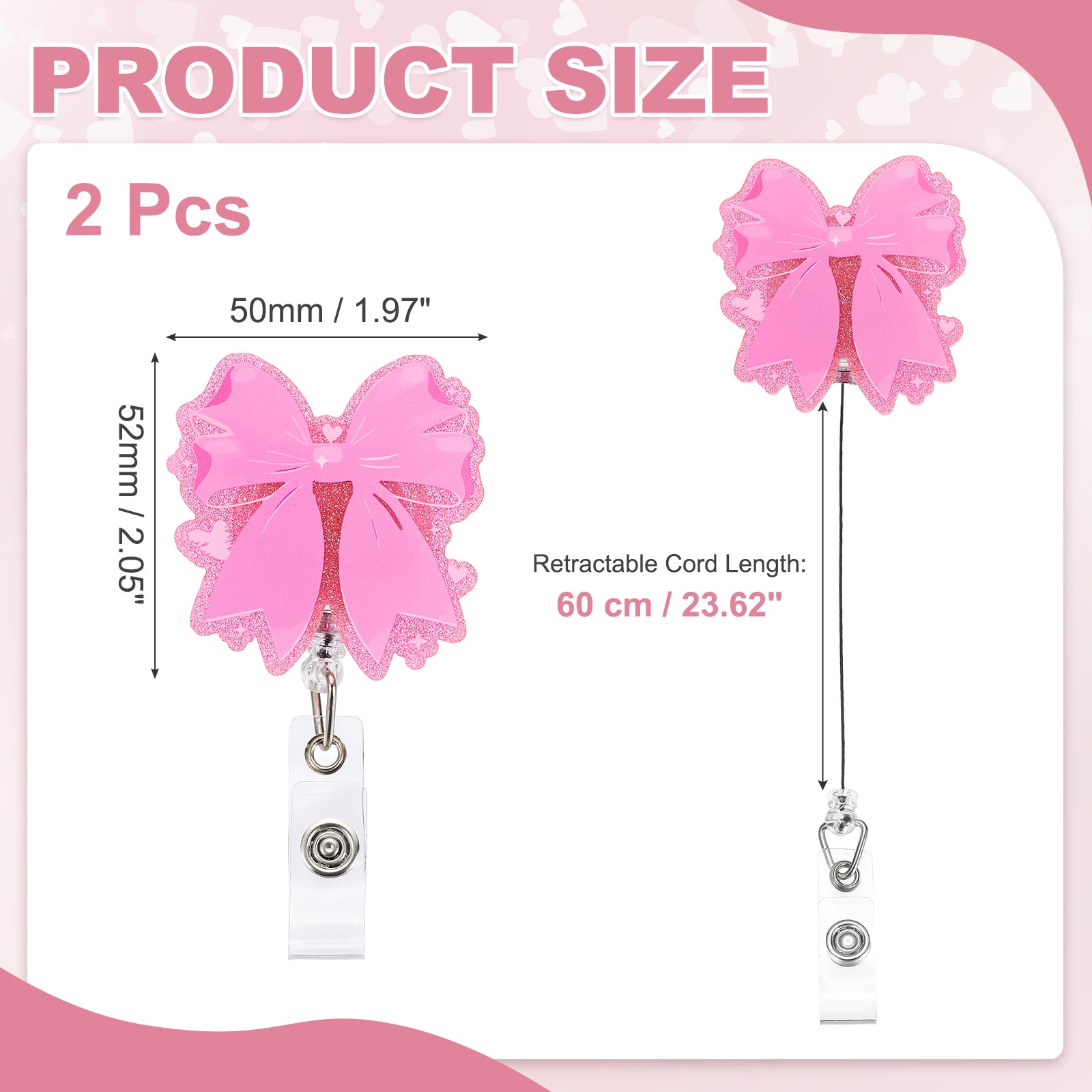 2pcs Acrylic Bow Badge Holder 2.05″x1.97″ with Retractable Cord, Pink