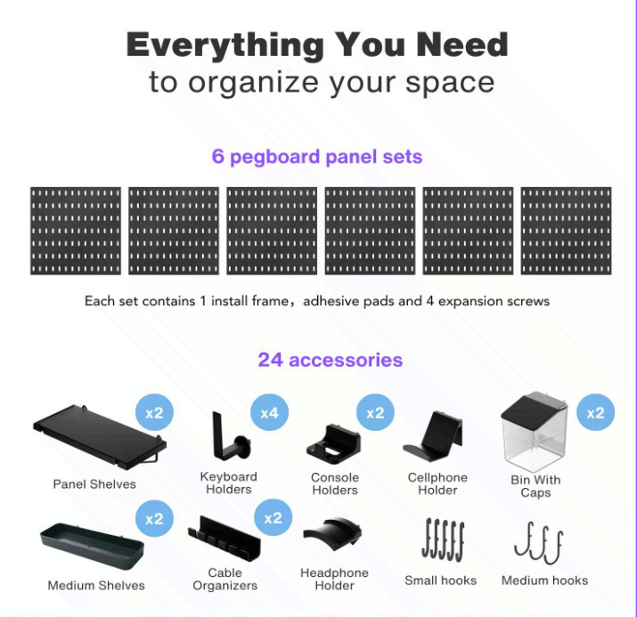 Gaming Pegboard Wall Organizer 33×22 w/ Adhesive Screw Mounts