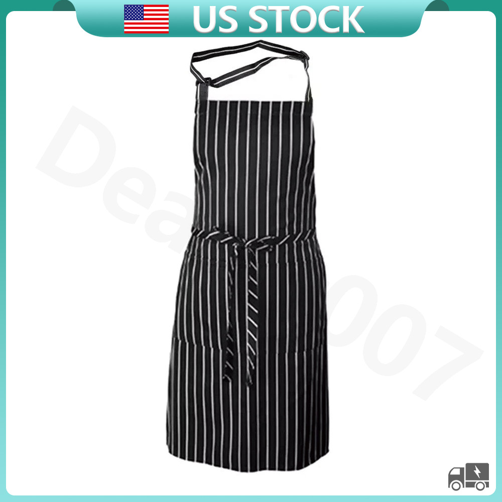 Adjustable Chef Apron with Two Pockets Striped Kitchen Bib For Men and Women