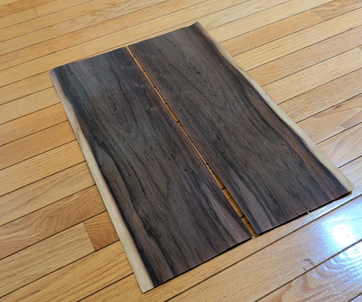 2 pieces of rosewood veneer 21 1/8″ x 7″ each raw buckled! old 1/42