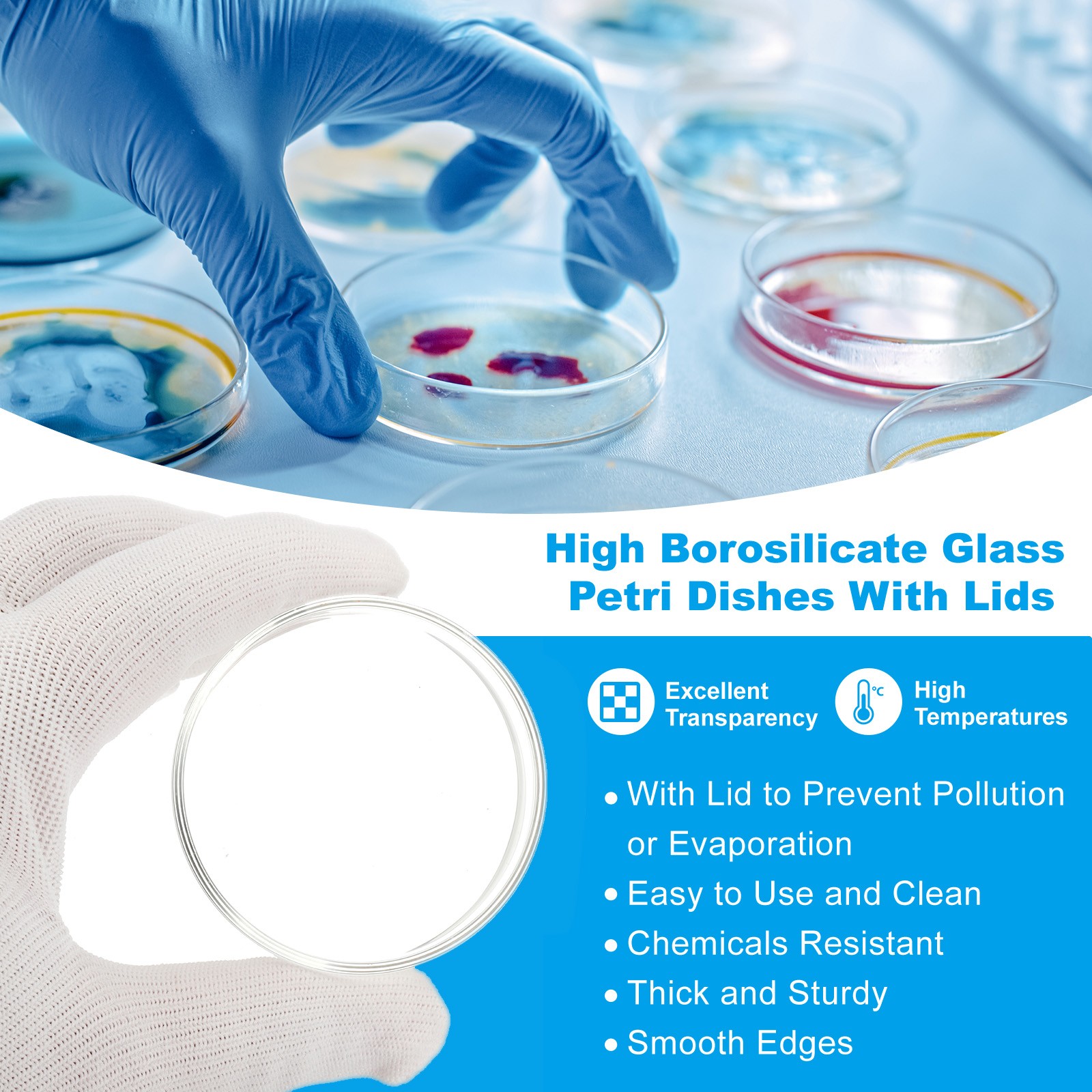 90mm/3.54inch 6Pcs High Borosilicate Glass Petri Dishes for Lab, Clear