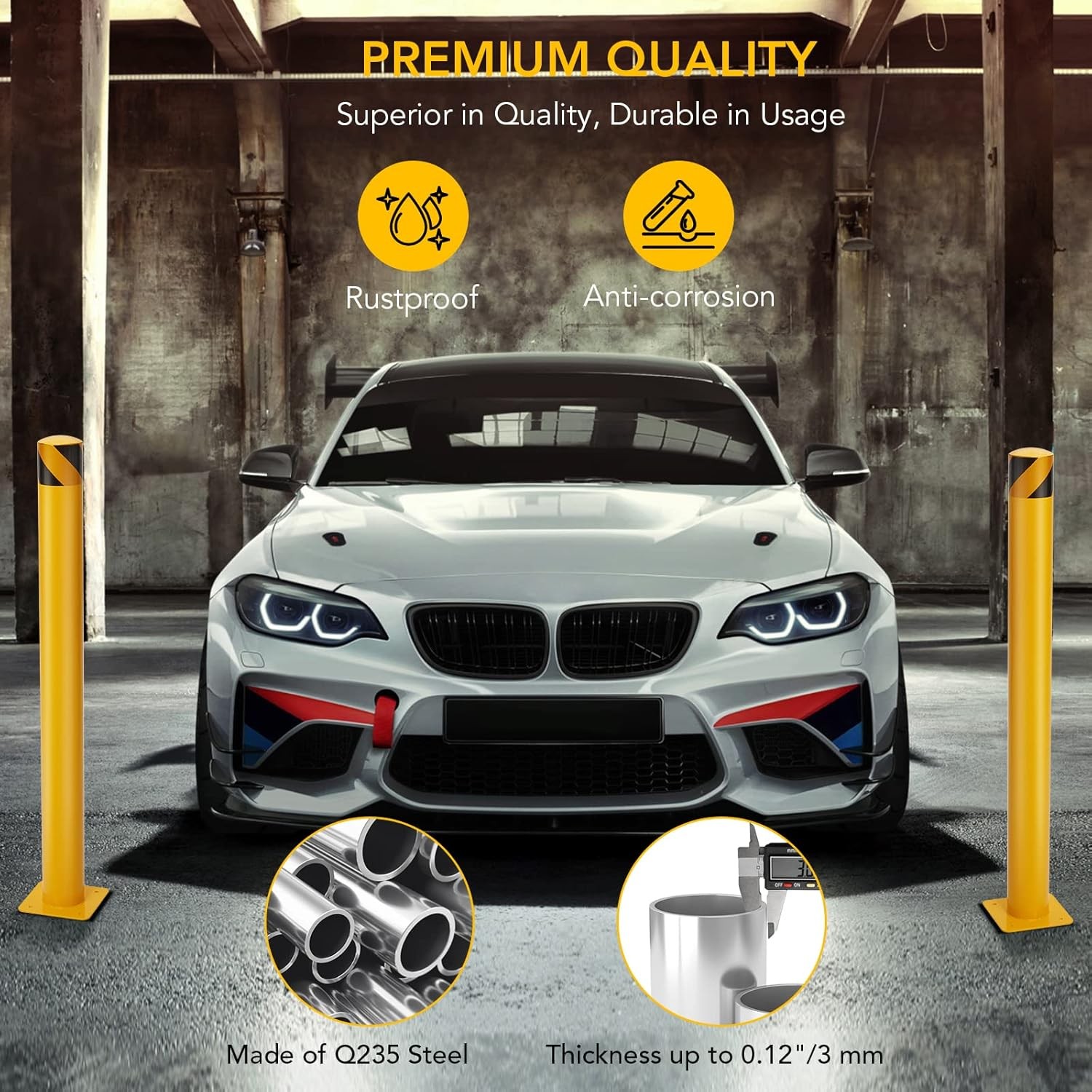 6PCS Safety Bollard 42/48″ High 4.5″D Q235 Steel Post Yellow Pipe Barrier US