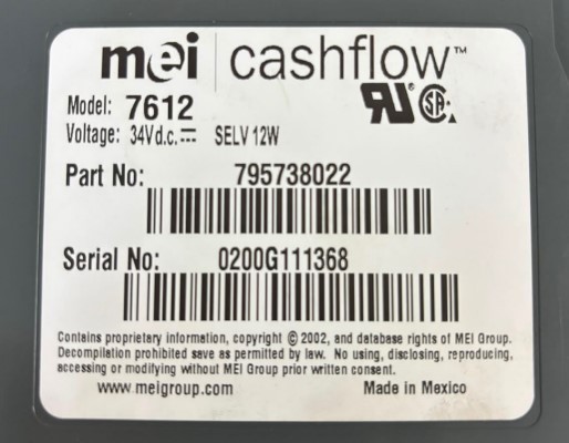 MEI CASHFLOW MODEL: 7612 34VDC SELV 12W $10,$1,$10,$1 PN: 795738022