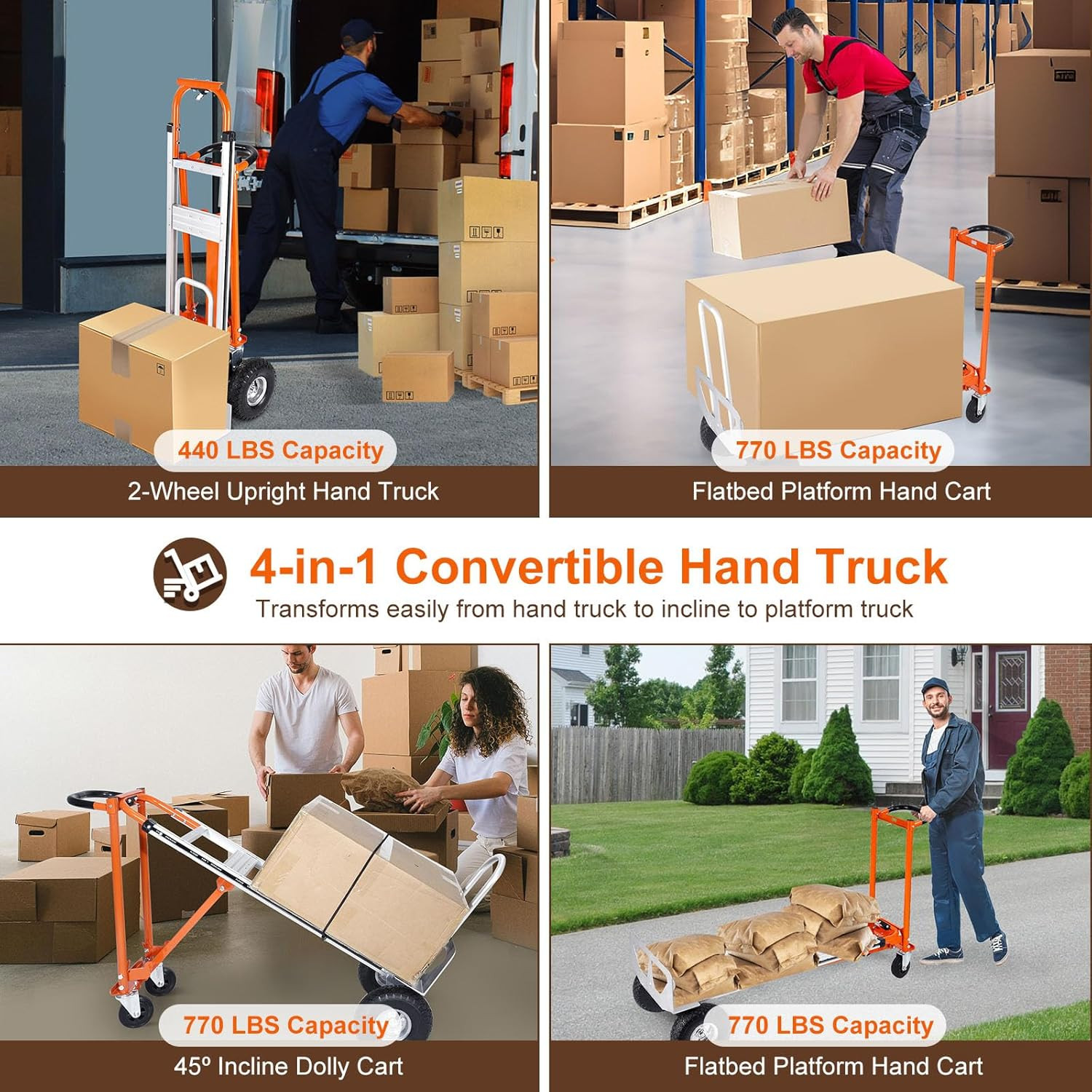 EASYBERG 4-In-1 Heavy Duty Folding Hand Truck – 770 Lbs Capacity, 10″ Wheels